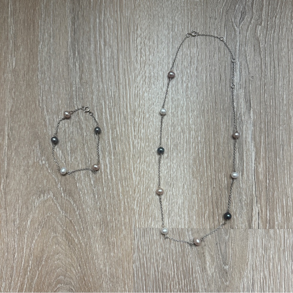 White, Pink and Black Pearl Bracelet and Necklace Set
